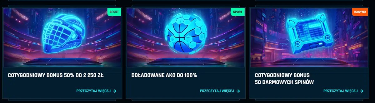 Polish online casino promotion cards showing a weekly bonus up to 2,250 zł, a reload bonus up to 100%, and a weekly promotion offering 50 free spins.
