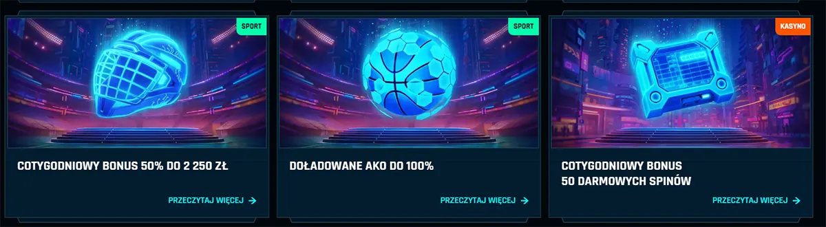 Polish online casino promotion cards showing a weekly bonus up to 2,250 zł, a reload bonus up to 100%, and a weekly promotion offering 50 free spins.