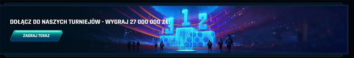 Polish casino tournament promotion banner inviting players to join tournaments and win up to 27,000,000 zł, featuring a futuristic podium stage and a “Zagraj teraz” (Play Now) button.