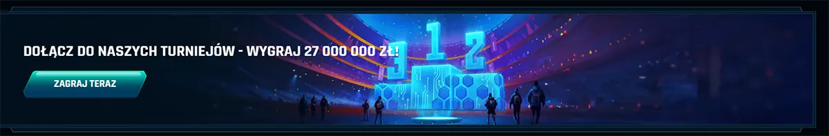 Polish casino tournament promotion banner inviting players to join tournaments and win up to 27,000,000 zł, featuring a futuristic podium stage and a “Zagraj teraz” (Play Now) button.
