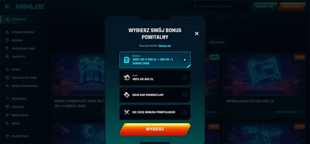 Polish online casino interface with a “Wybierz swój bonus powitalny” popup offering options such as a 250% casino bonus up to 11,250 zł + 250 free spins with a bonus crab, a sports bonus up to 450 zł, promo code entry, or declining the welcome bonus.