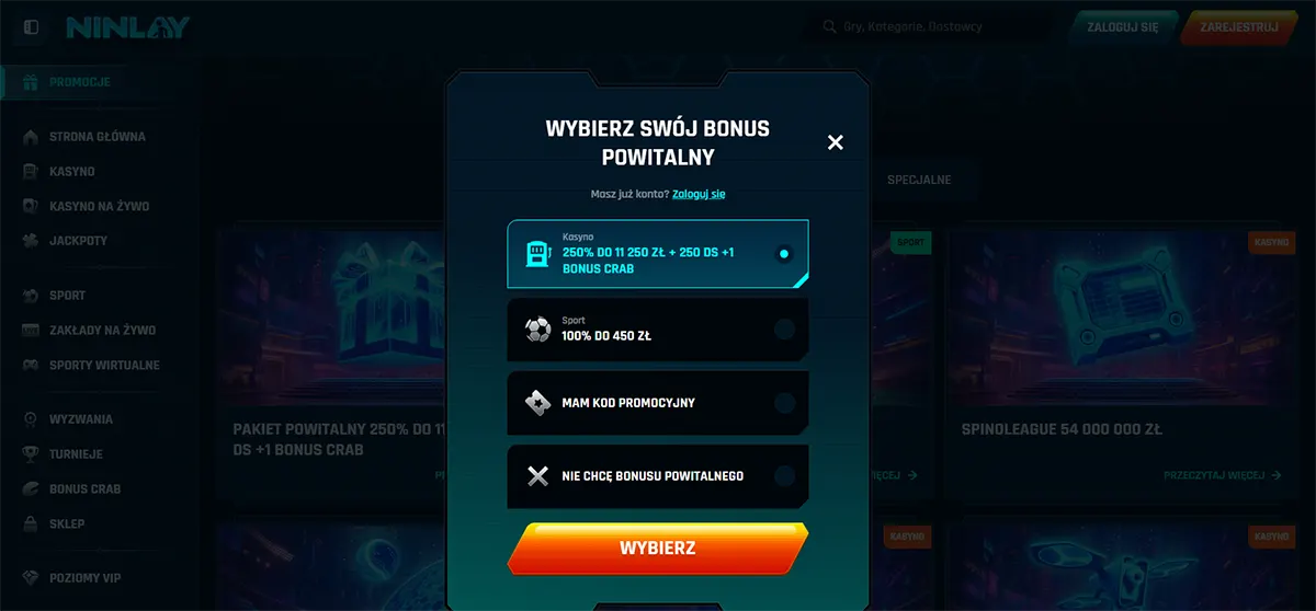 Polish online casino interface with a “Wybierz swój bonus powitalny” popup offering options such as a 250% casino bonus up to 11,250 zł + 250 free spins with a bonus crab, a sports bonus up to 450 zł, promo code entry, or declining the welcome bonus.